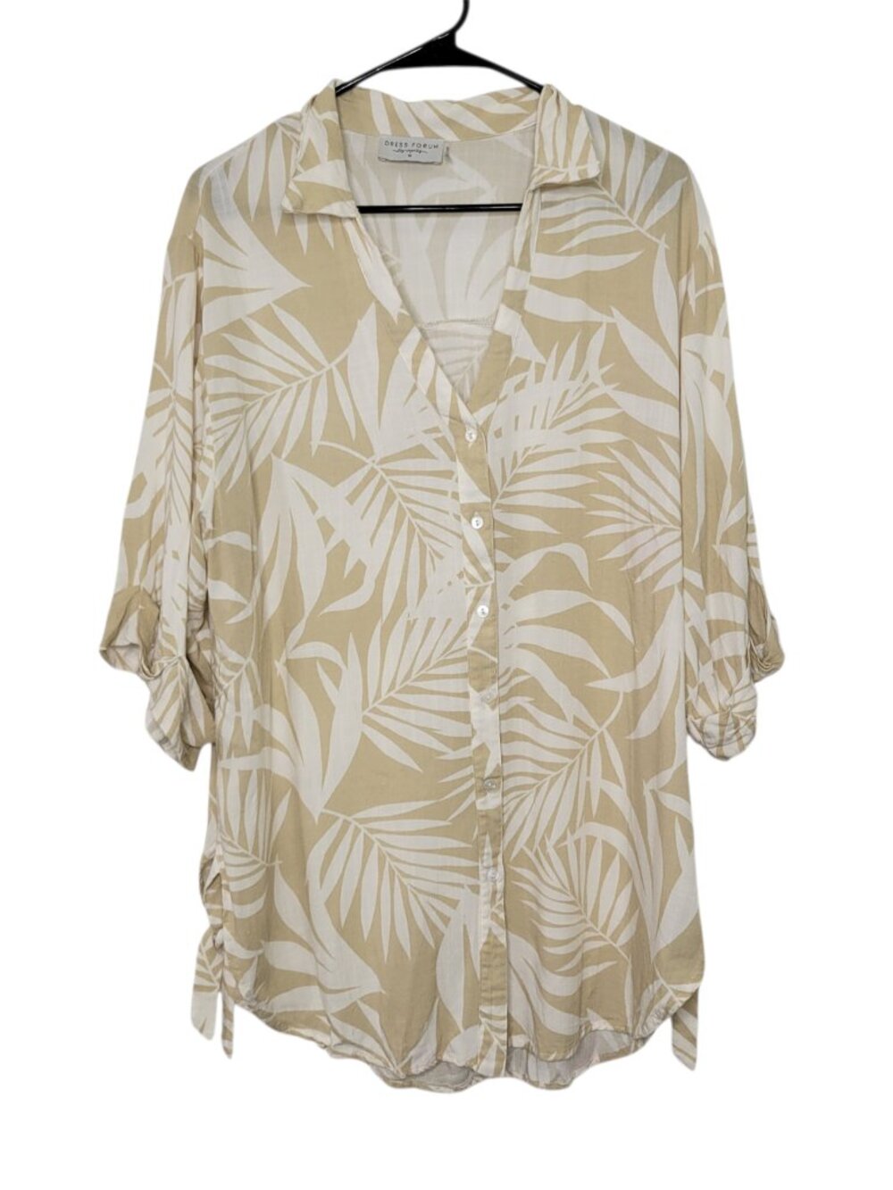 Dress Forum Size Medium Palm Leaf Button Front Shirt in Cream and Tan